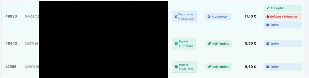 Capture du dashboard MetricsBooster avec commandes RD, boosts TF homepage et boost DA